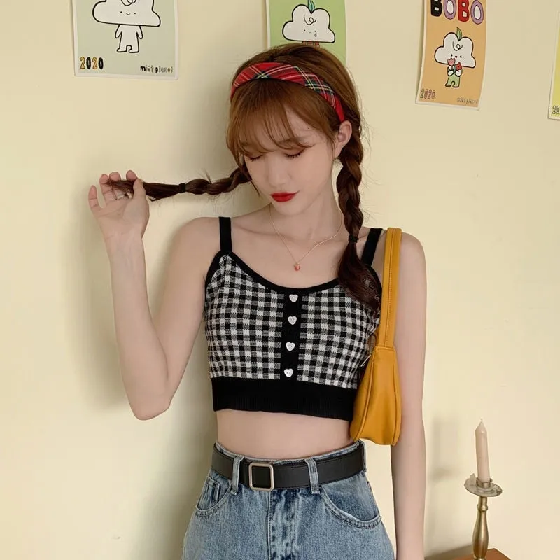 Summer New Fashion Women Plaid Crop Buttons Camis Knitting Cute Tank Tops Ladies Sleeveless Solid Crop Tops