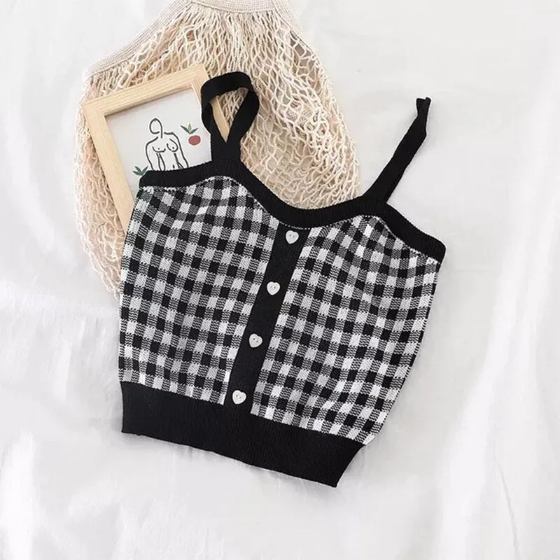 Summer New Fashion Women Plaid Crop Buttons Camis Knitting Cute Tank Tops Ladies Sleeveless Solid Crop Tops