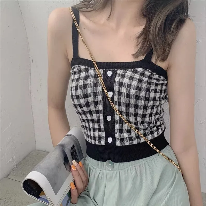 Summer New Fashion Women Plaid Crop Buttons Camis Knitting Cute Tank Tops Ladies Sleeveless Solid Crop Tops