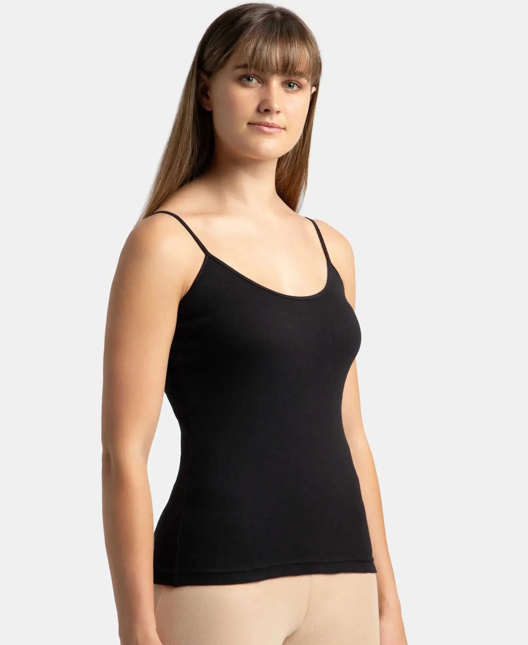 Super Combed Cotton Rib Camisole with Adjustable Straps and StayFresh Treatment - Black