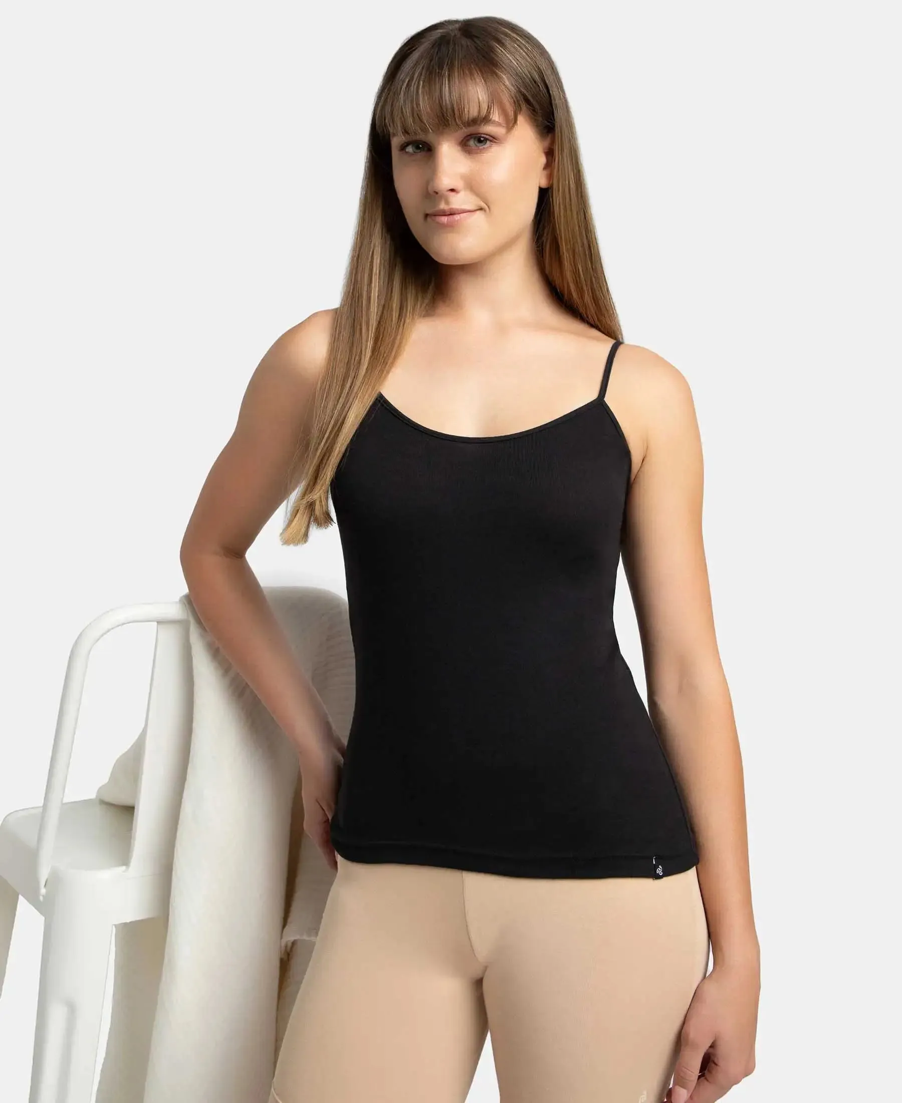 Super Combed Cotton Rib Camisole with Adjustable Straps and StayFresh Treatment - Black