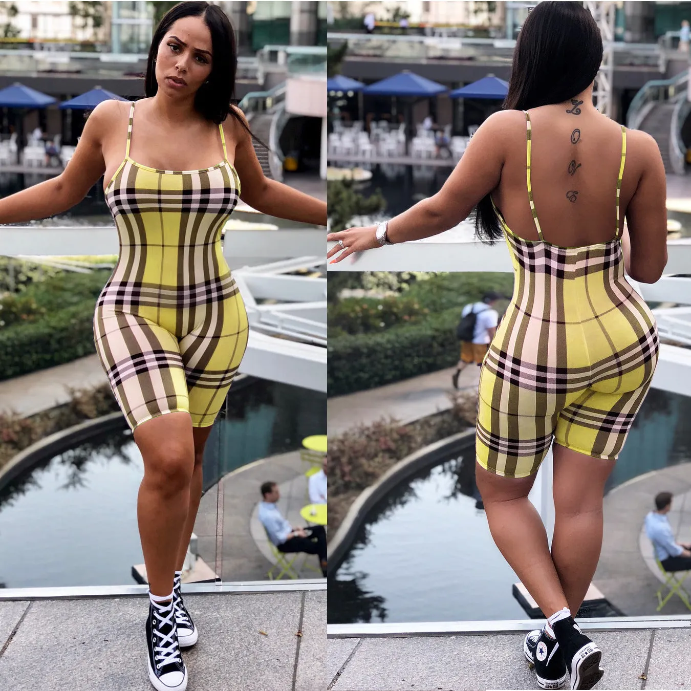 Suspender check print casual jumpsuit AY1099