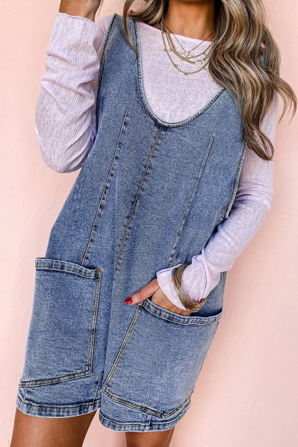 U Neck Patched Pocket Denim Overalls