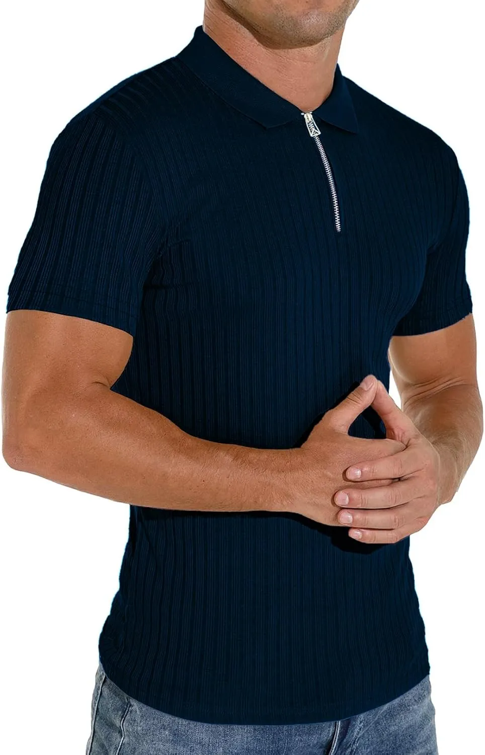 V Neck Muscle Polo Shirts for Men Short Sleeve Zipper Ribbed Golf Tees Slim Fit Stretch T Shirt