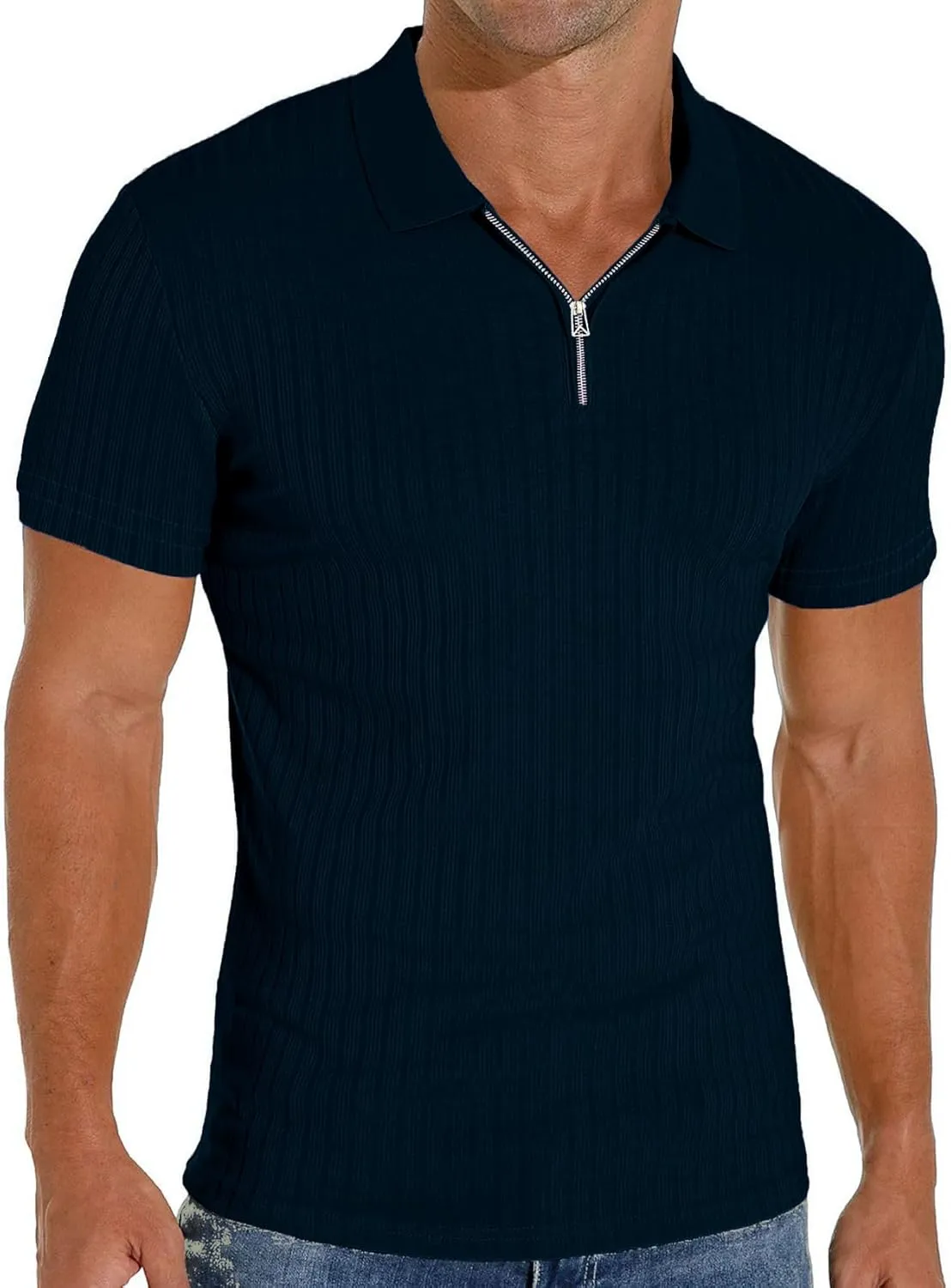 V Neck Muscle Polo Shirts for Men Short Sleeve Zipper Ribbed Golf Tees Slim Fit Stretch T Shirt