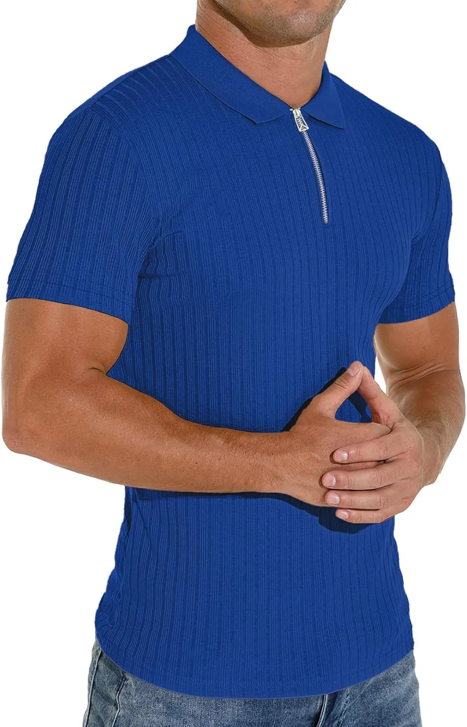 V Neck Muscle Polo Shirts for Men Short Sleeve Zipper Ribbed Golf Tees Slim Fit Stretch T Shirt