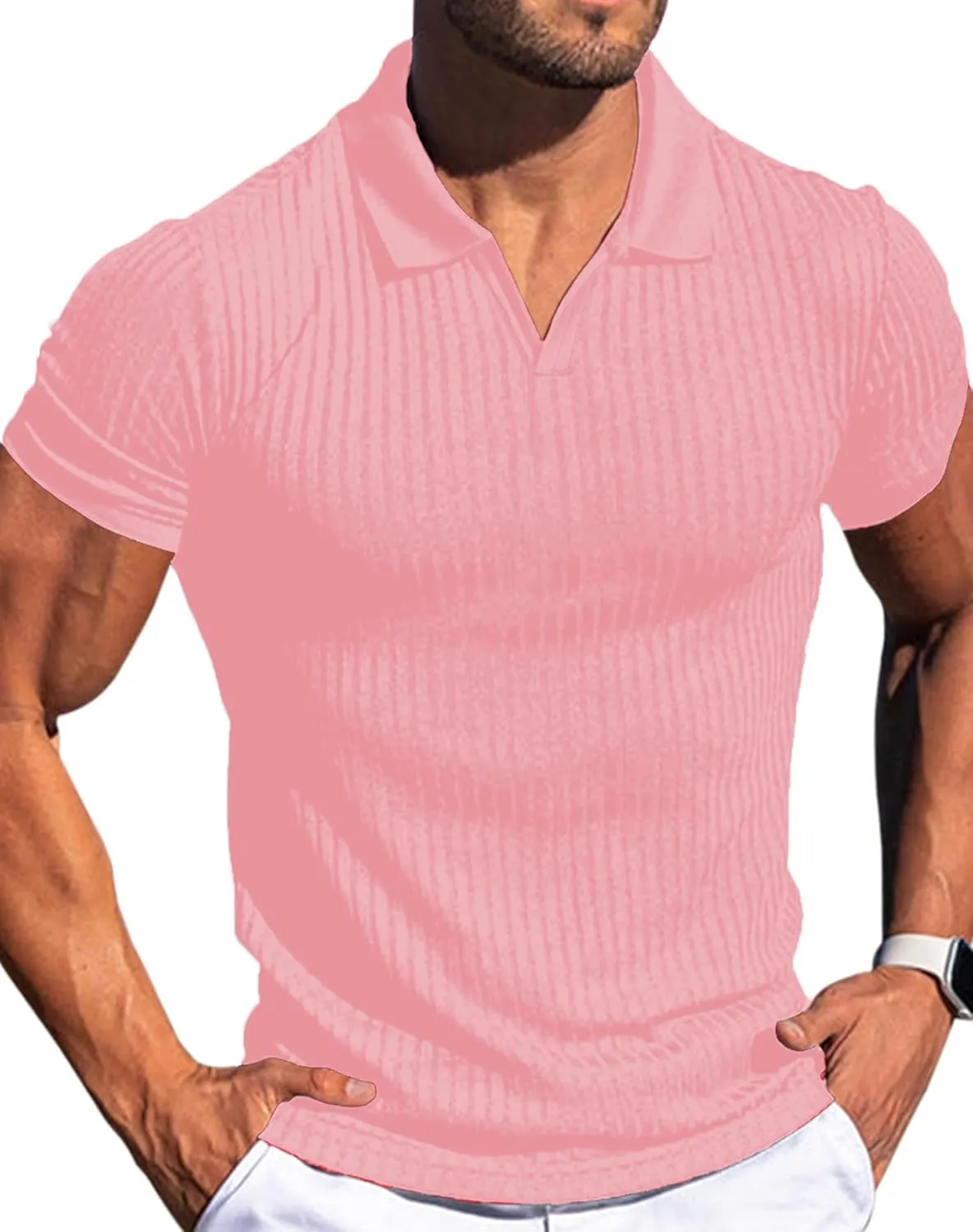V Neck Muscle Polo Shirts for Men Short Sleeve Zipper Ribbed Golf Tees Slim Fit Stretch T Shirt