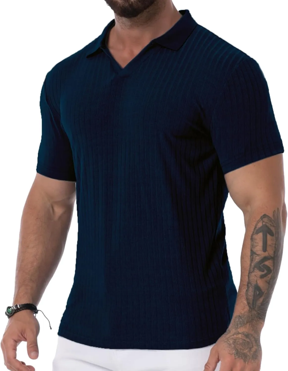 V Neck Muscle Polo Shirts for Men Short Sleeve Zipper Ribbed Golf Tees Slim Fit Stretch T Shirt