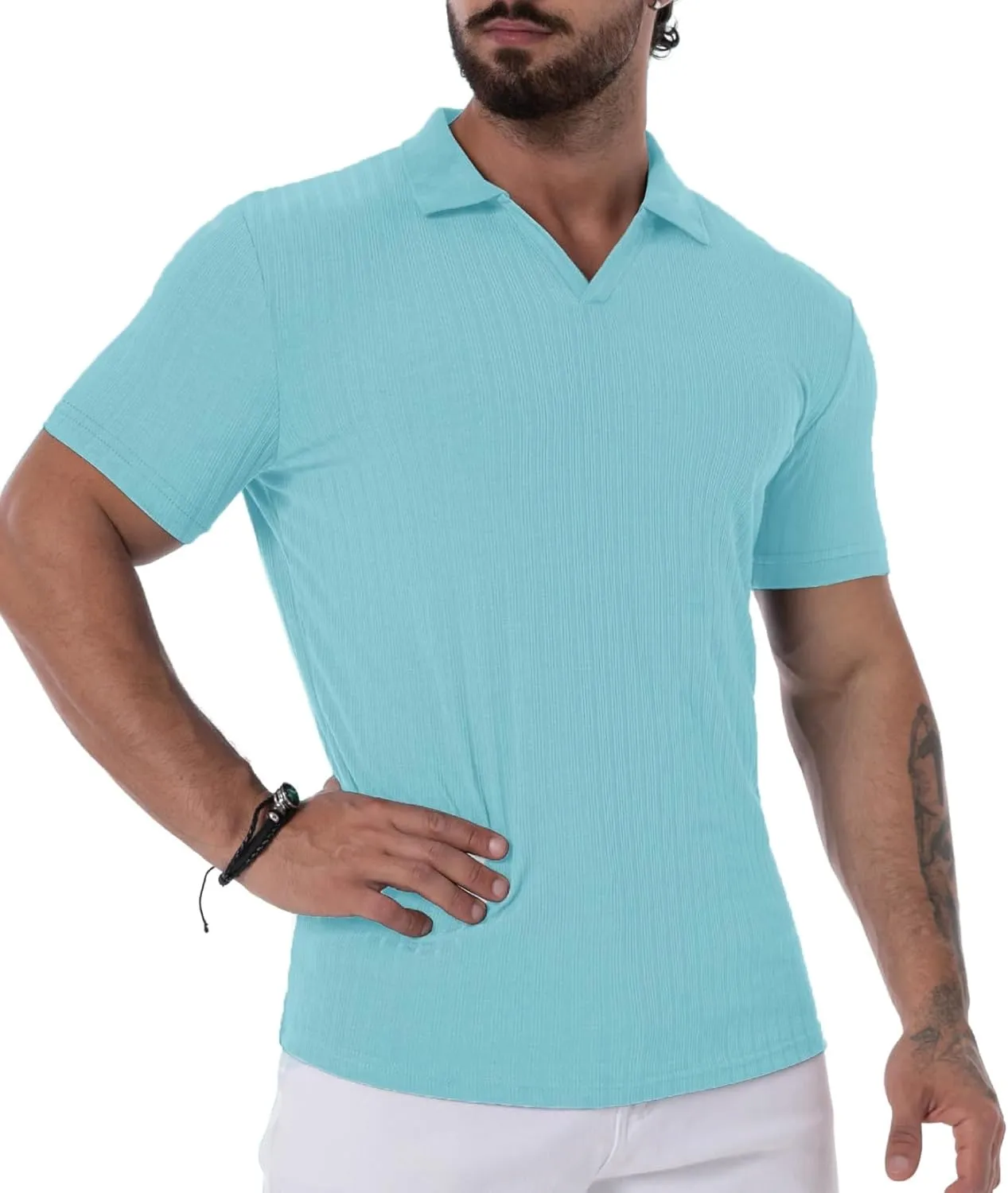 V Neck Muscle Polo Shirts for Men Short Sleeve Zipper Ribbed Golf Tees Slim Fit Stretch T Shirt