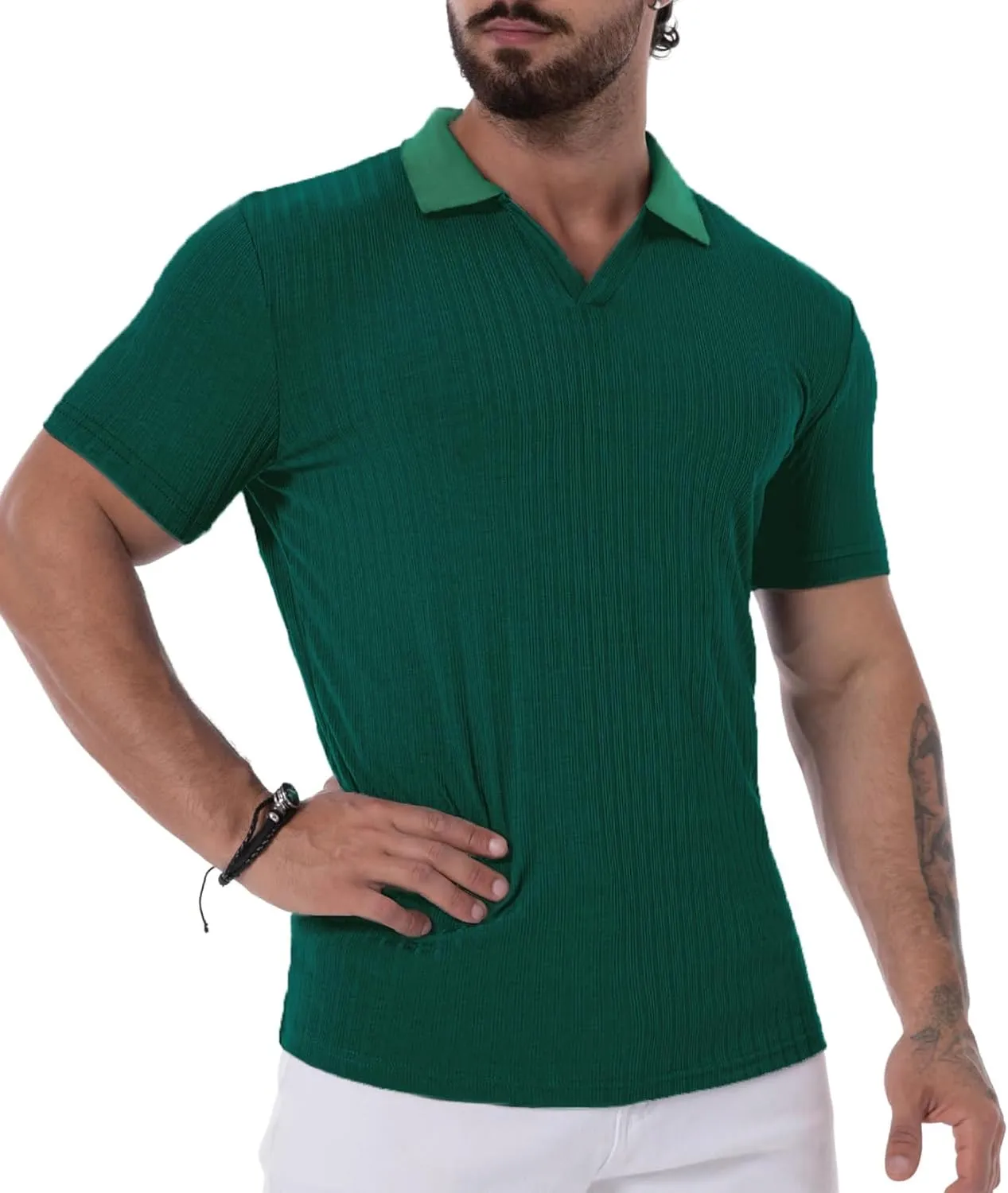 V Neck Muscle Polo Shirts for Men Short Sleeve Zipper Ribbed Golf Tees Slim Fit Stretch T Shirt