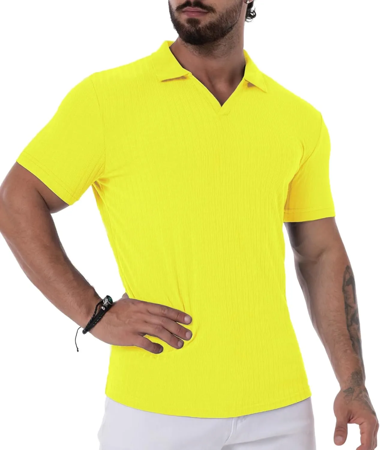 V Neck Muscle Polo Shirts for Men Short Sleeve Zipper Ribbed Golf Tees Slim Fit Stretch T Shirt