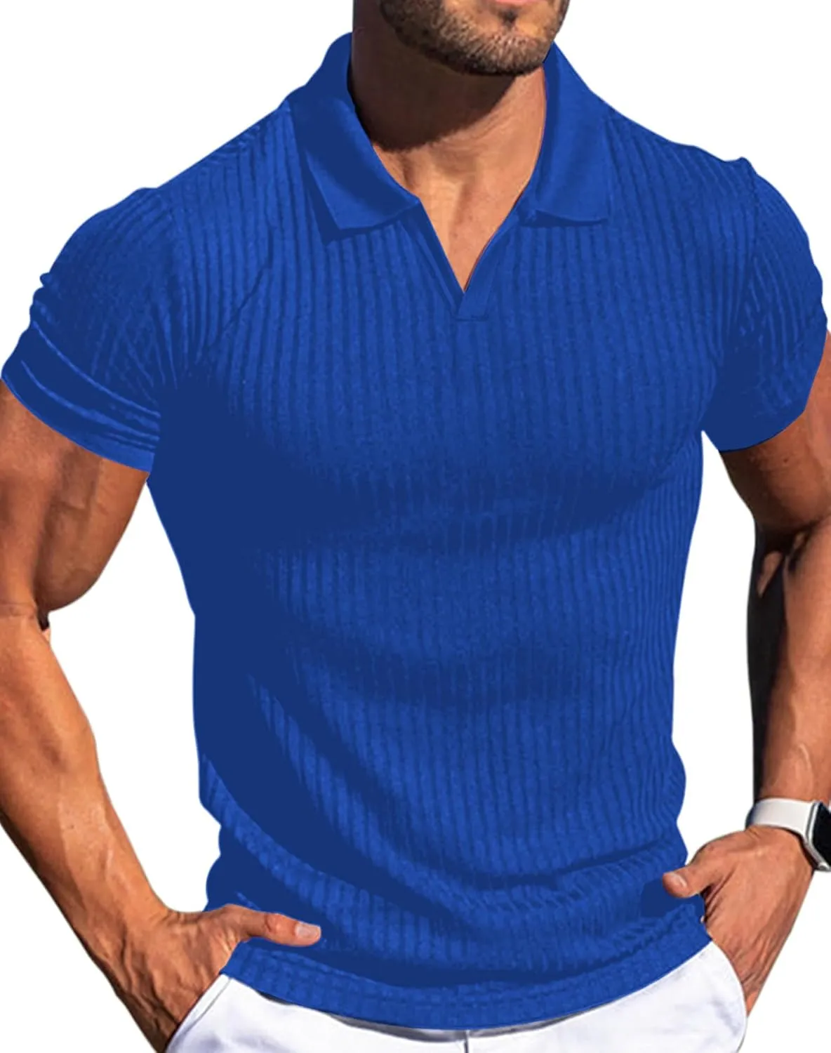 V Neck Muscle Polo Shirts for Men Short Sleeve Zipper Ribbed Golf Tees Slim Fit Stretch T Shirt
