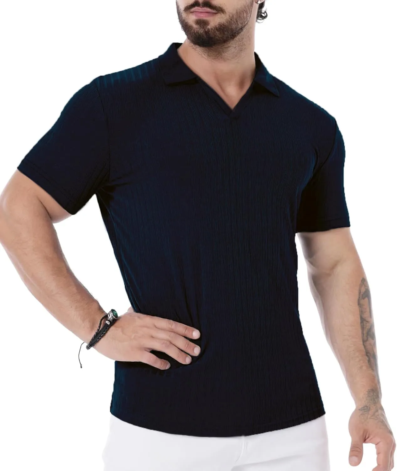 V Neck Muscle Polo Shirts for Men Short Sleeve Zipper Ribbed Golf Tees Slim Fit Stretch T Shirt