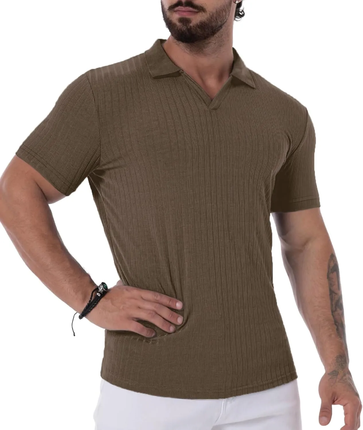 V Neck Muscle Polo Shirts for Men Short Sleeve Zipper Ribbed Golf Tees Slim Fit Stretch T Shirt
