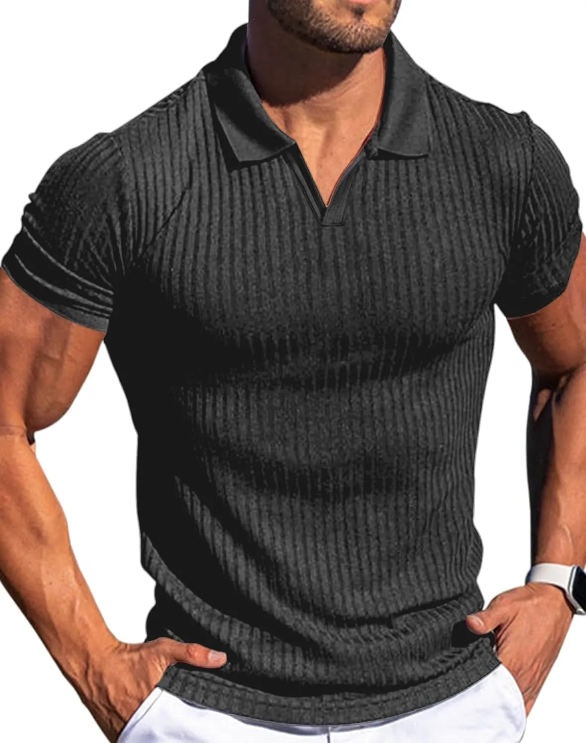 V Neck Muscle Polo Shirts for Men Short Sleeve Zipper Ribbed Golf Tees Slim Fit Stretch T Shirt