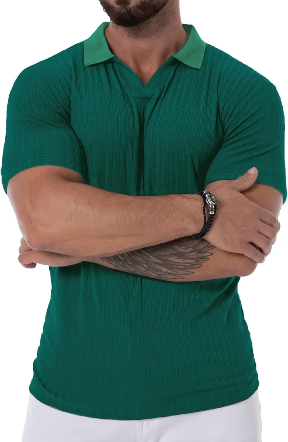 V Neck Muscle Polo Shirts for Men Short Sleeve Zipper Ribbed Golf Tees Slim Fit Stretch T Shirt