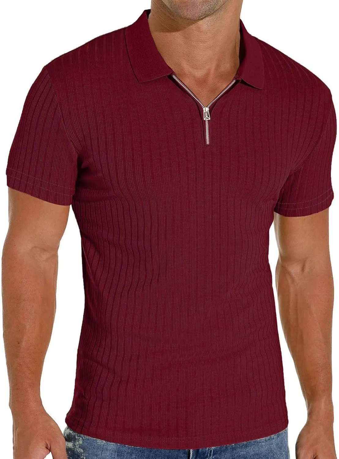V Neck Muscle Polo Shirts for Men Short Sleeve Zipper Ribbed Golf Tees Slim Fit Stretch T Shirt