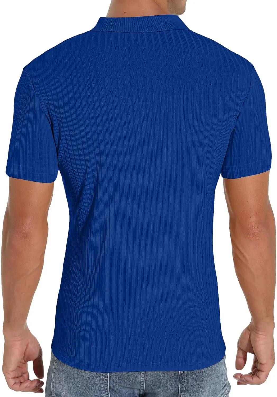 V Neck Muscle Polo Shirts for Men Short Sleeve Zipper Ribbed Golf Tees Slim Fit Stretch T Shirt