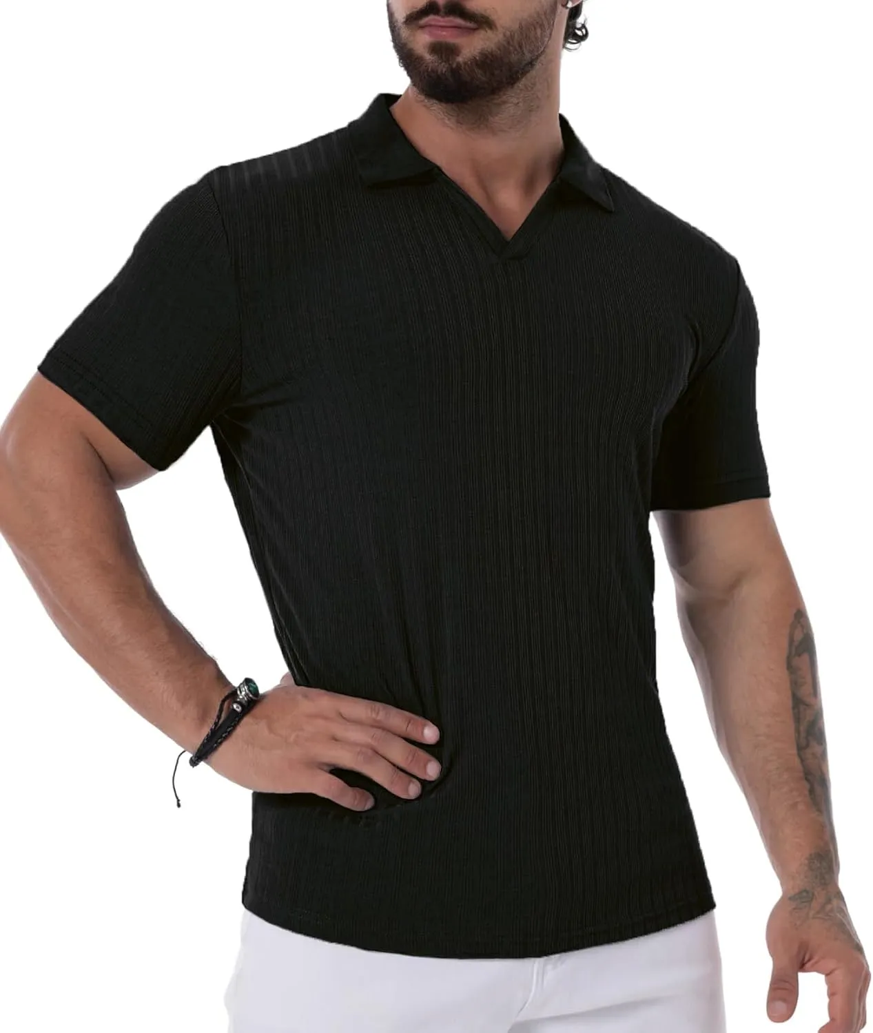 V Neck Muscle Polo Shirts for Men Short Sleeve Zipper Ribbed Golf Tees Slim Fit Stretch T Shirt