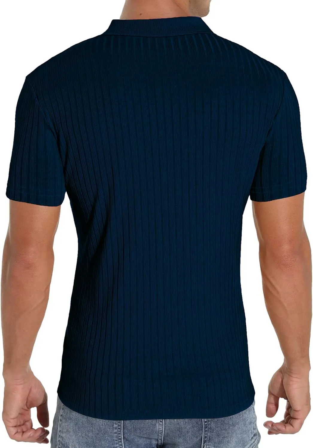 V Neck Muscle Polo Shirts for Men Short Sleeve Zipper Ribbed Golf Tees Slim Fit Stretch T Shirt