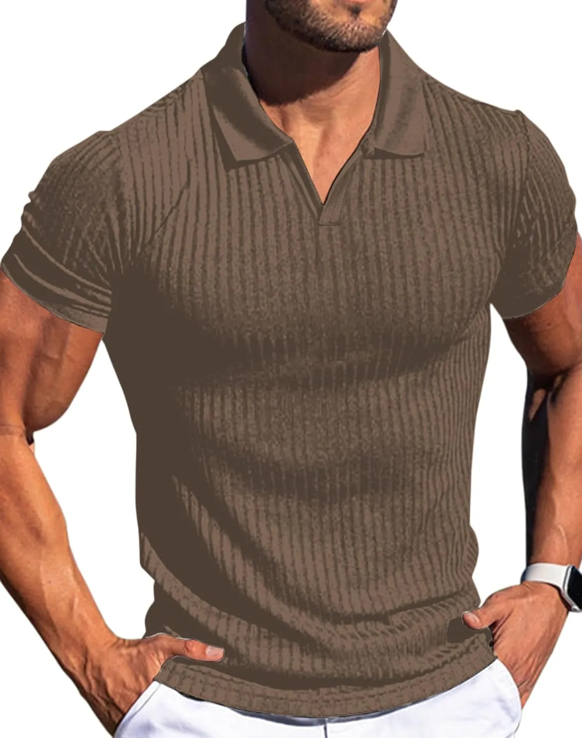 V Neck Muscle Polo Shirts for Men Short Sleeve Zipper Ribbed Golf Tees Slim Fit Stretch T Shirt