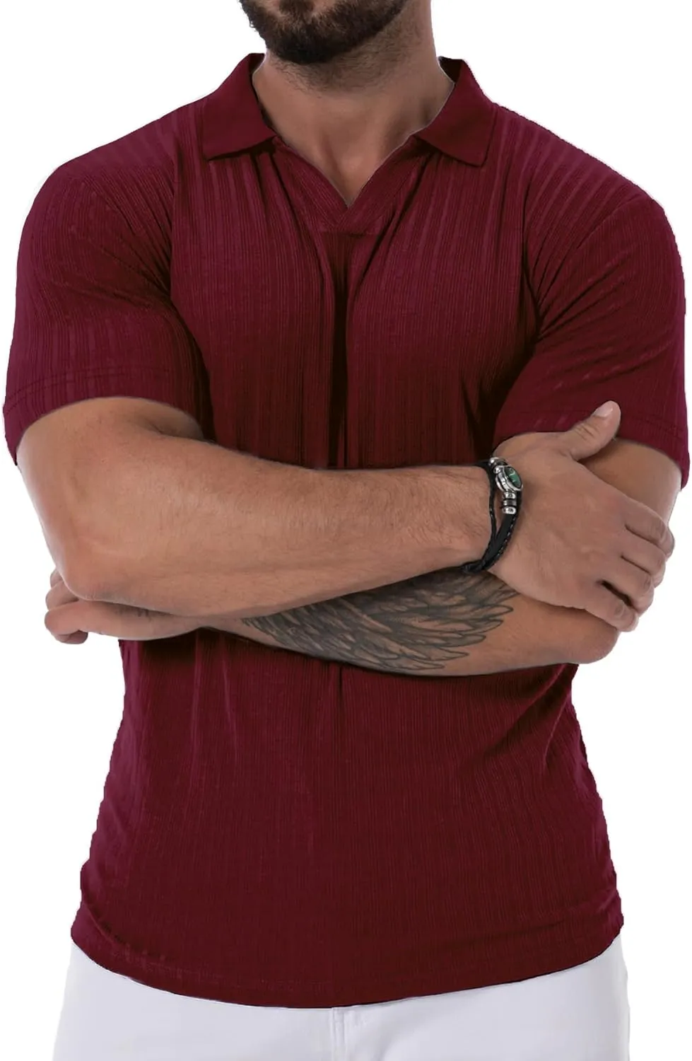 V Neck Muscle Polo Shirts for Men Short Sleeve Zipper Ribbed Golf Tees Slim Fit Stretch T Shirt