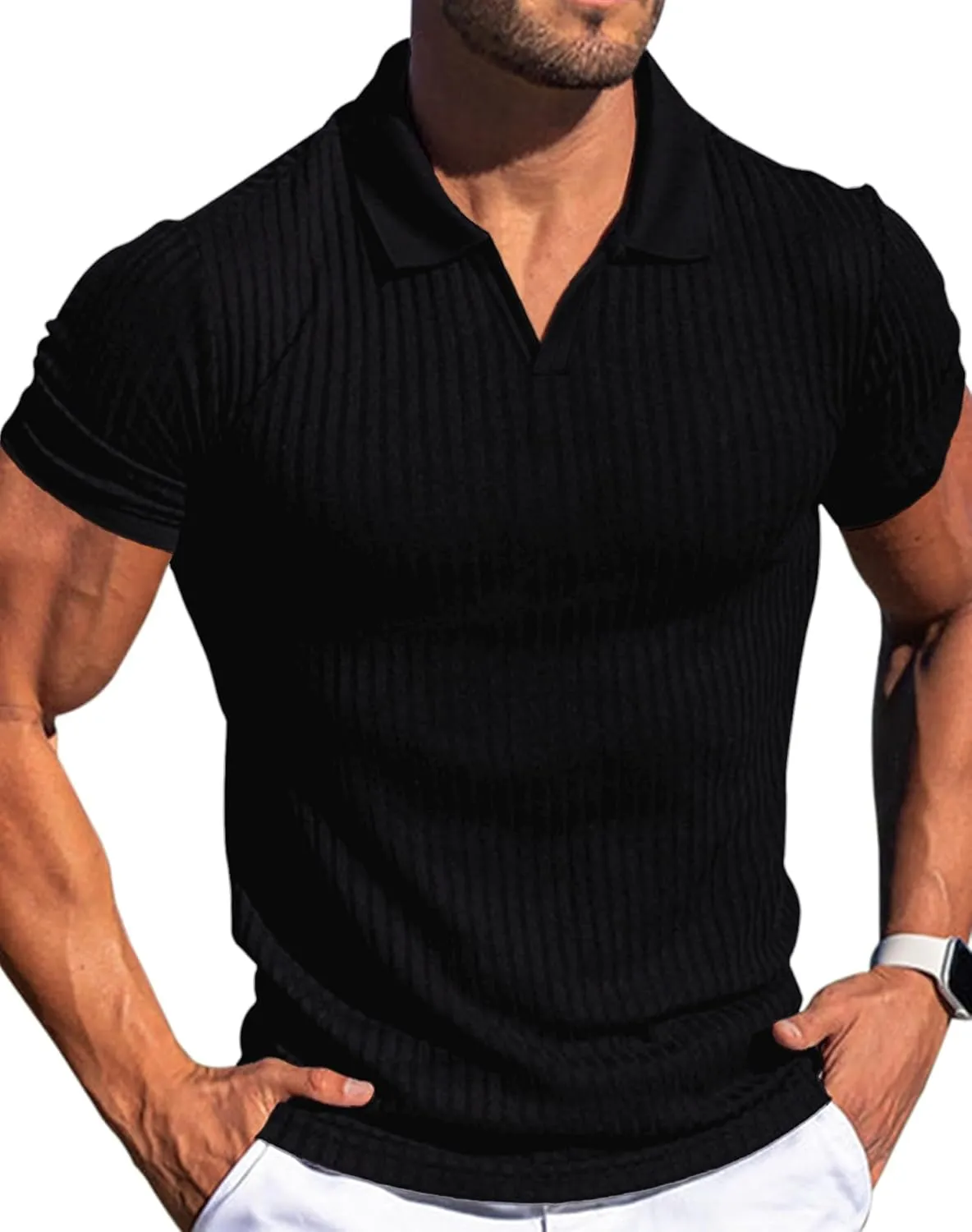 V Neck Muscle Polo Shirts for Men Short Sleeve Zipper Ribbed Golf Tees Slim Fit Stretch T Shirt