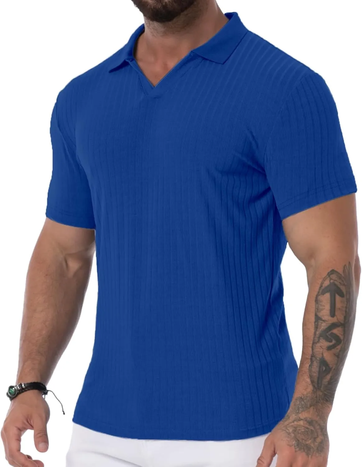 V Neck Muscle Polo Shirts for Men Short Sleeve Zipper Ribbed Golf Tees Slim Fit Stretch T Shirt