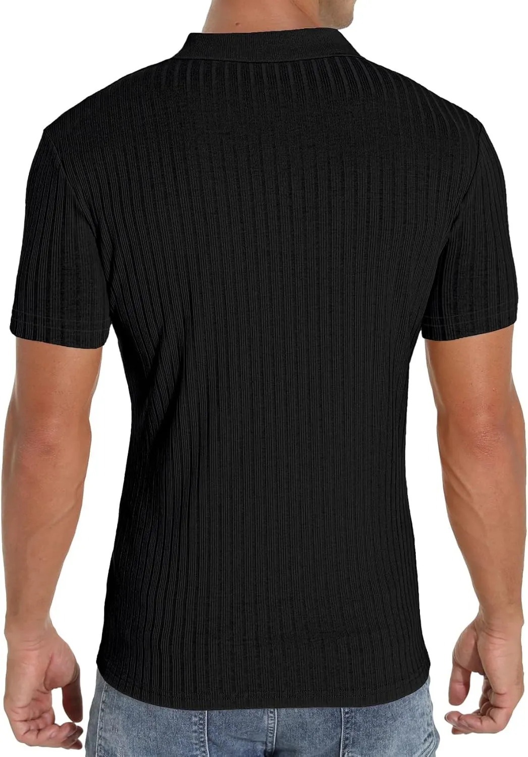V Neck Muscle Polo Shirts for Men Short Sleeve Zipper Ribbed Golf Tees Slim Fit Stretch T Shirt