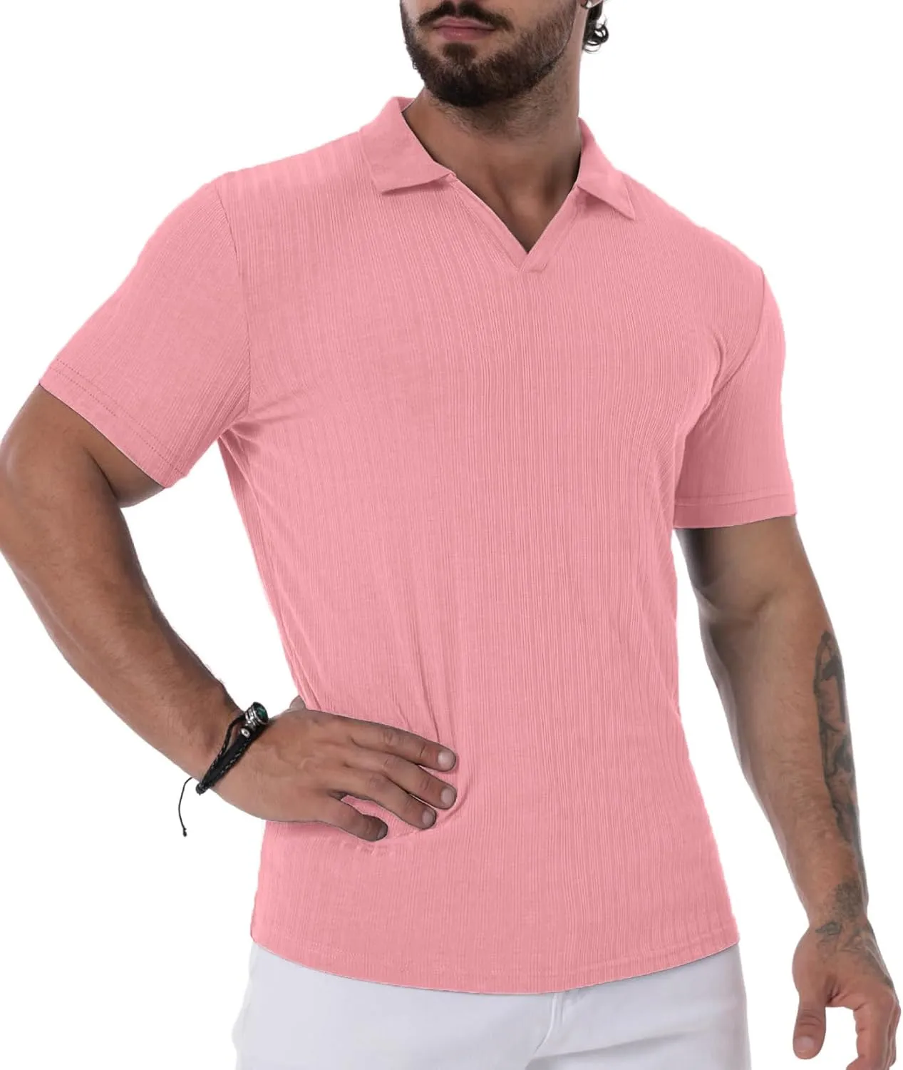 V Neck Muscle Polo Shirts for Men Short Sleeve Zipper Ribbed Golf Tees Slim Fit Stretch T Shirt