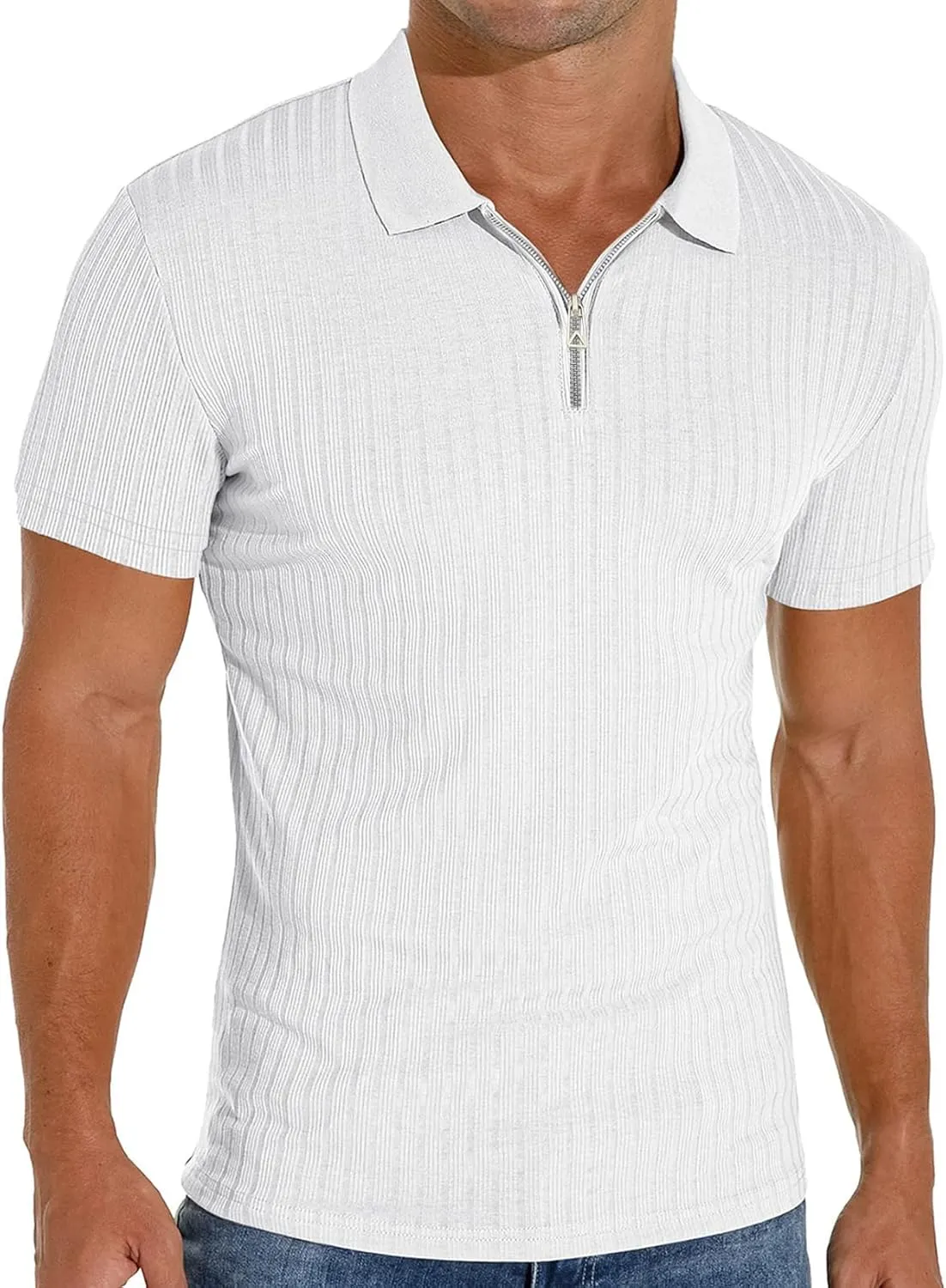 V Neck Muscle Polo Shirts for Men Short Sleeve Zipper Ribbed Golf Tees Slim Fit Stretch T Shirt