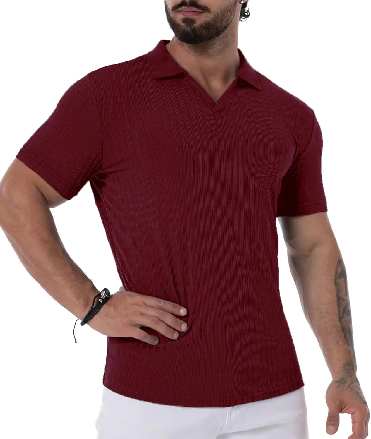V Neck Muscle Polo Shirts for Men Short Sleeve Zipper Ribbed Golf Tees Slim Fit Stretch T Shirt