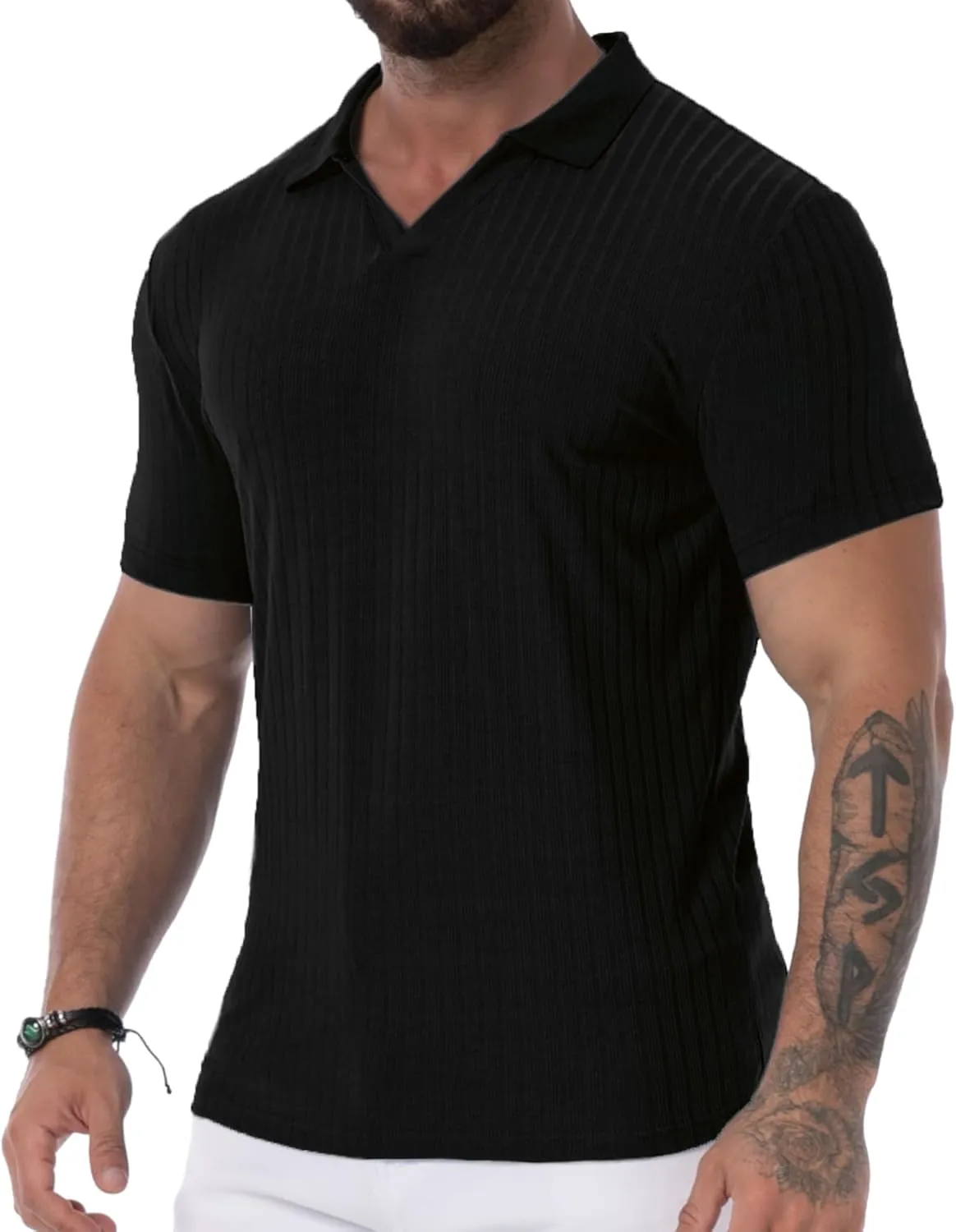 V Neck Muscle Polo Shirts for Men Short Sleeve Zipper Ribbed Golf Tees Slim Fit Stretch T Shirt