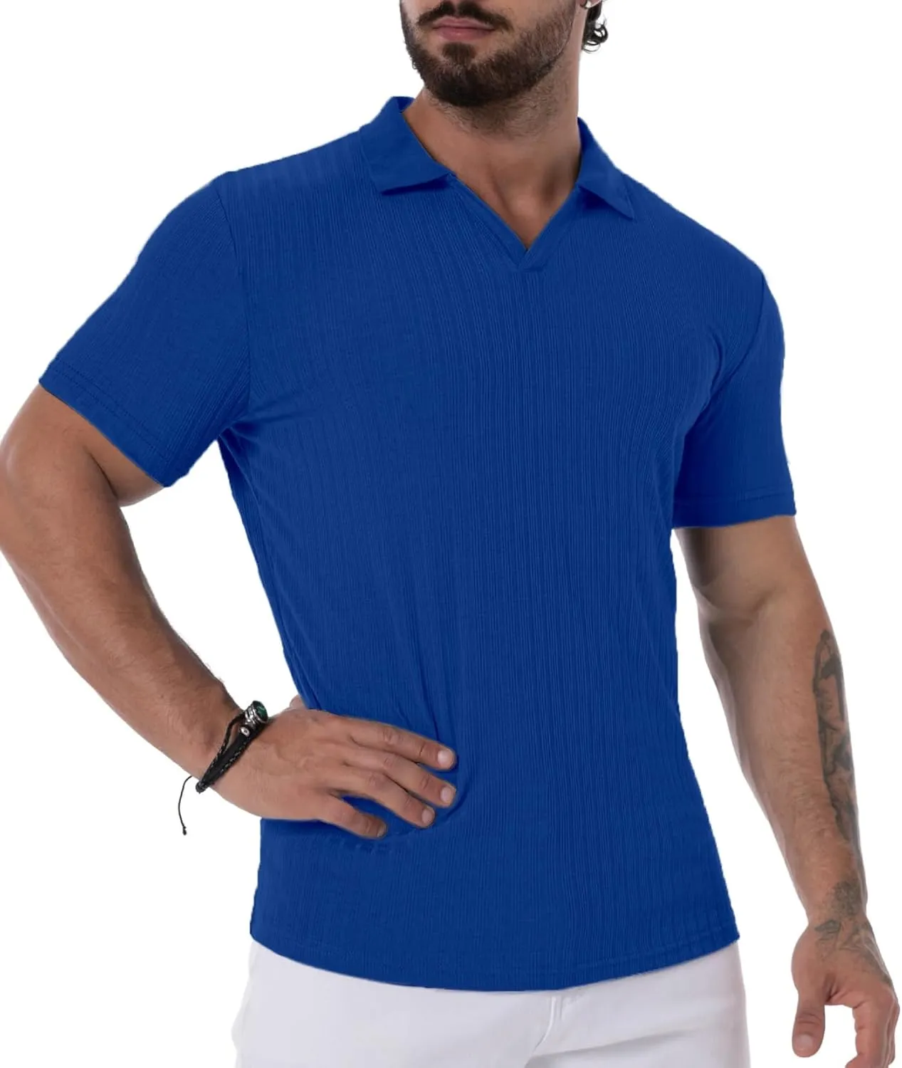 V Neck Muscle Polo Shirts for Men Short Sleeve Zipper Ribbed Golf Tees Slim Fit Stretch T Shirt