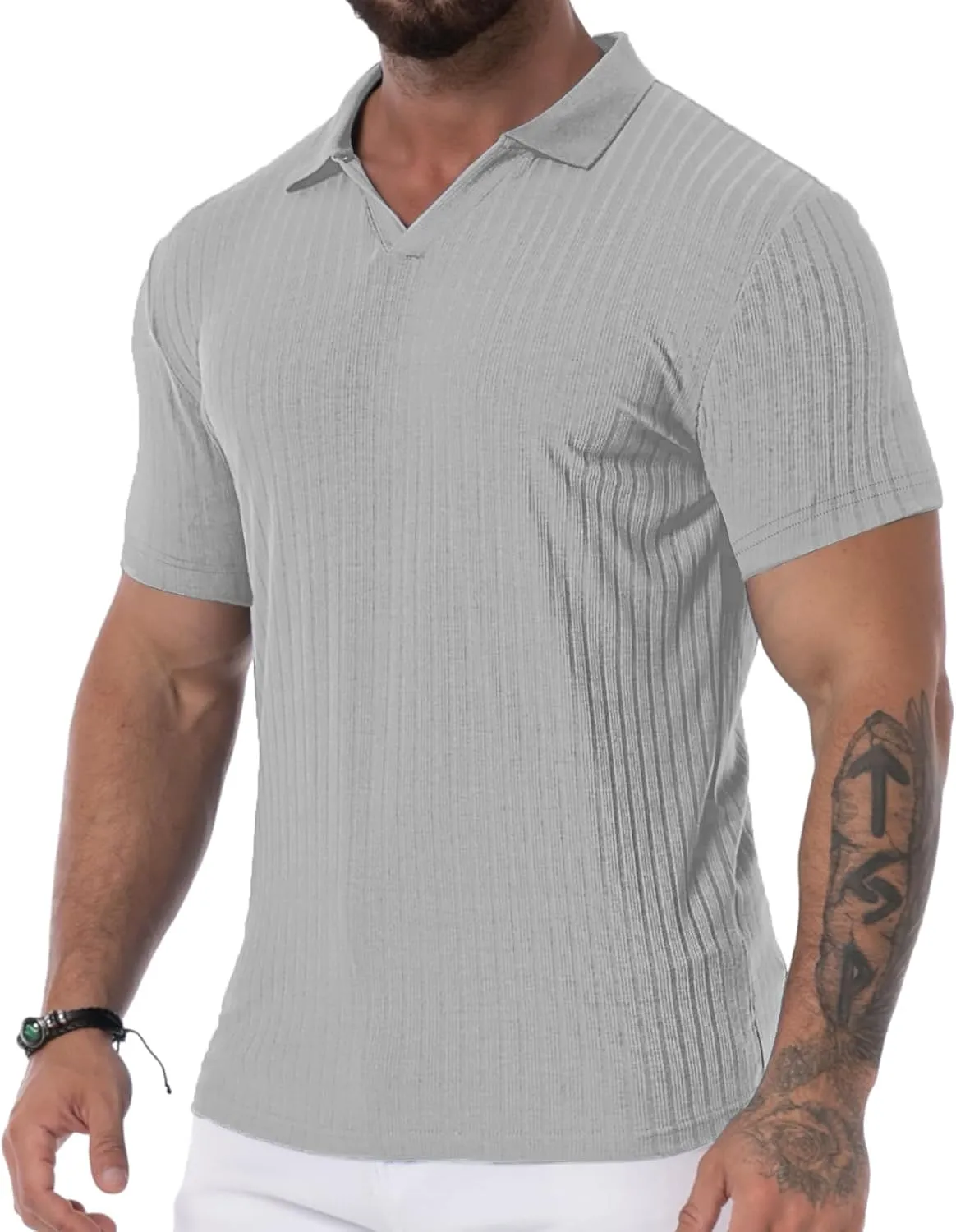 V Neck Muscle Polo Shirts for Men Short Sleeve Zipper Ribbed Golf Tees Slim Fit Stretch T Shirt