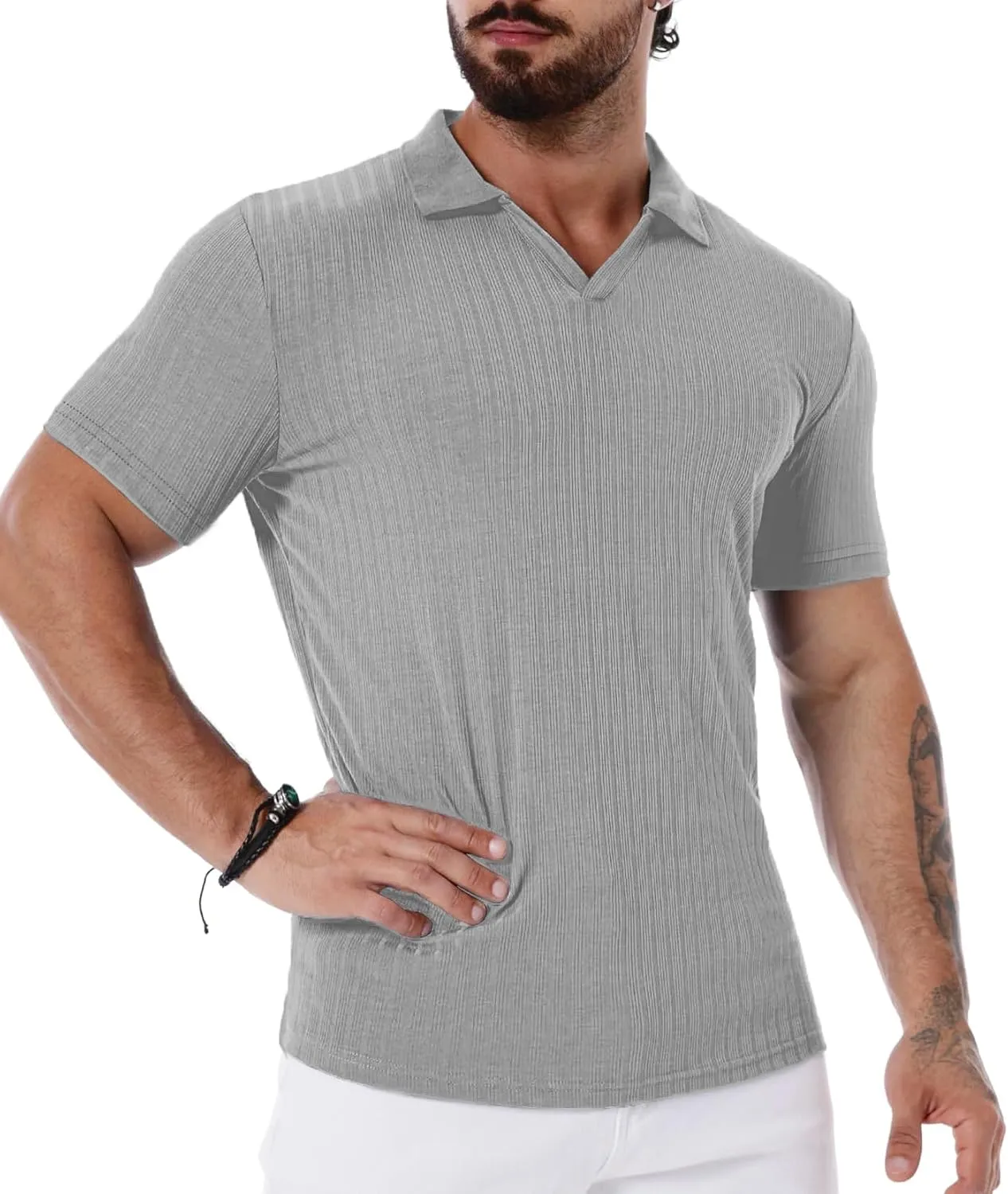 V Neck Muscle Polo Shirts for Men Short Sleeve Zipper Ribbed Golf Tees Slim Fit Stretch T Shirt