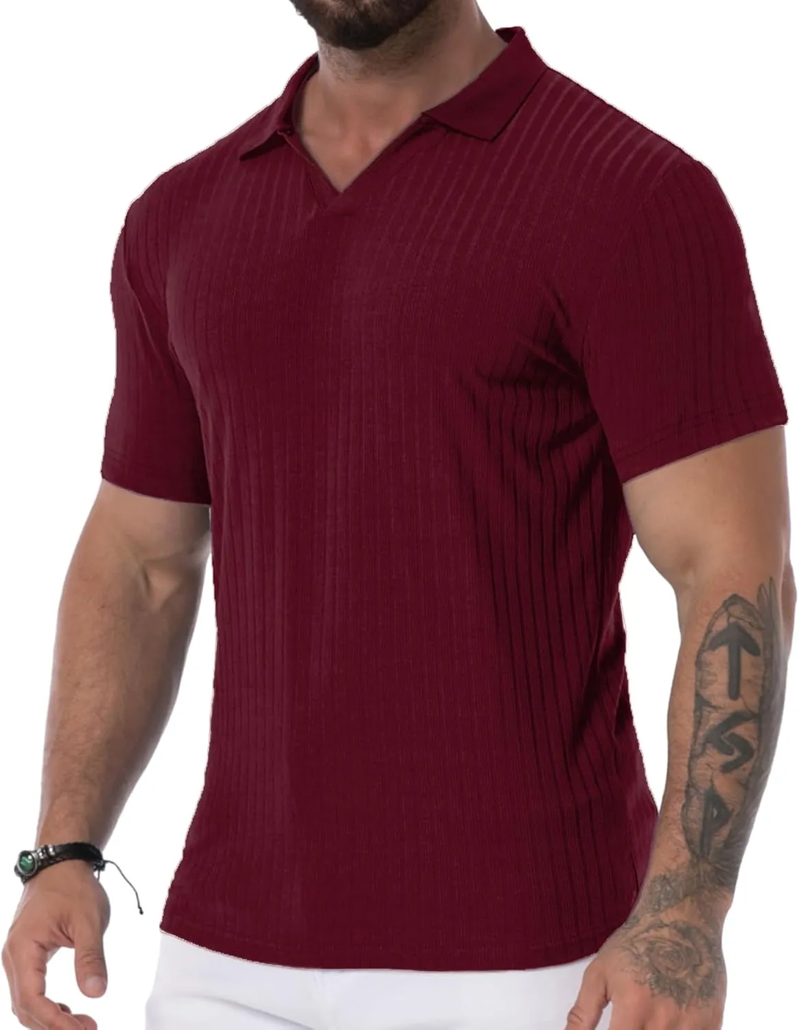 V Neck Muscle Polo Shirts for Men Short Sleeve Zipper Ribbed Golf Tees Slim Fit Stretch T Shirt