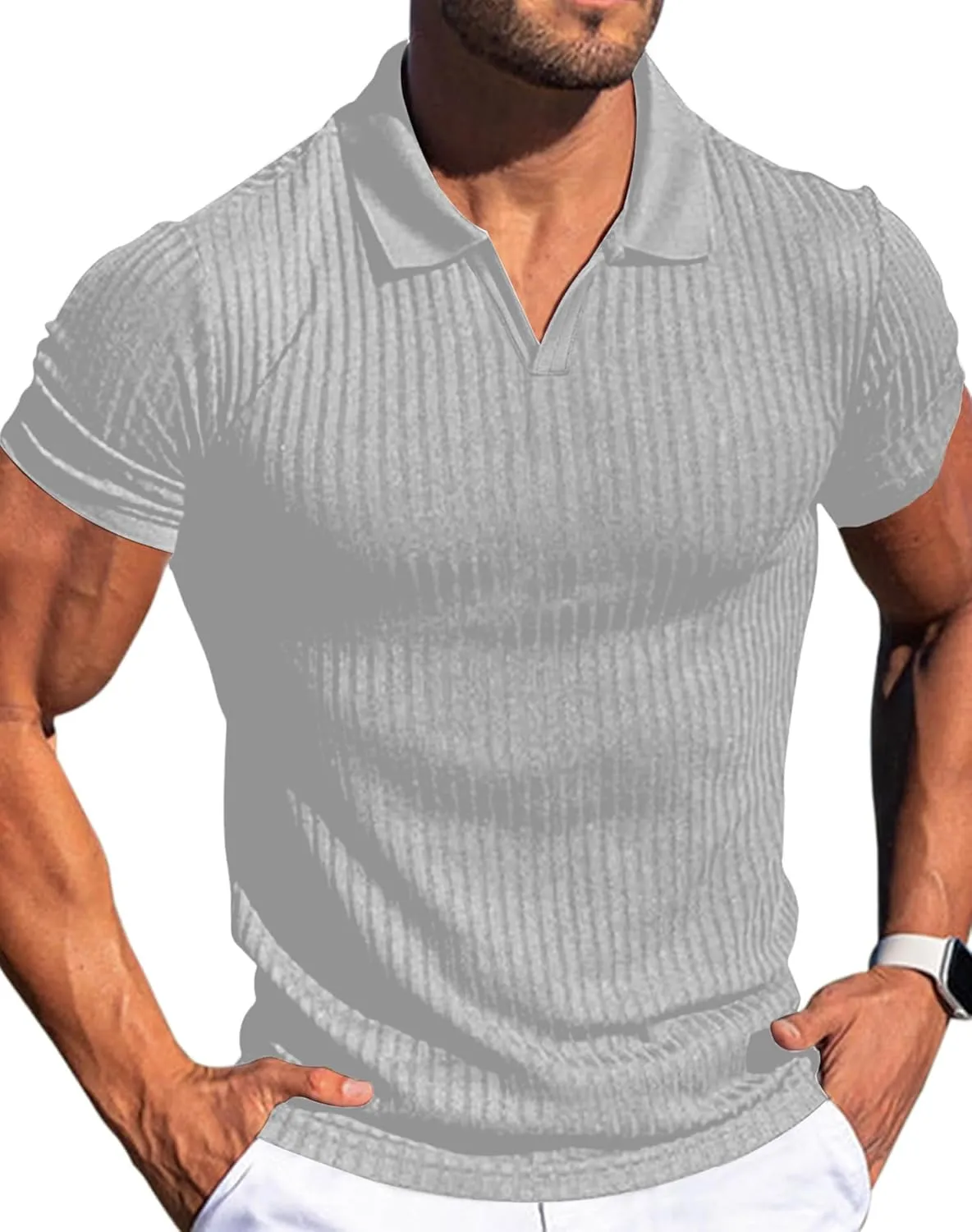 V Neck Muscle Polo Shirts for Men Short Sleeve Zipper Ribbed Golf Tees Slim Fit Stretch T Shirt