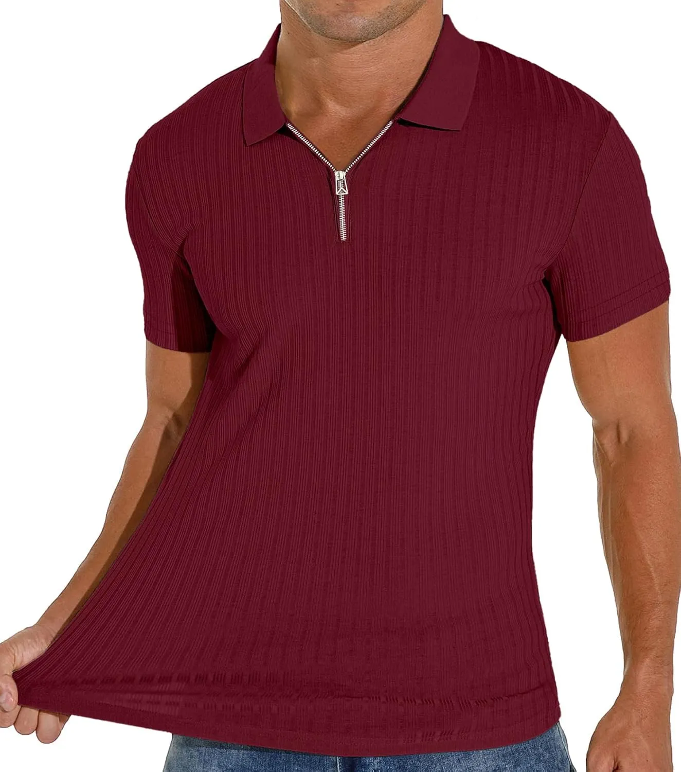 V Neck Muscle Polo Shirts for Men Short Sleeve Zipper Ribbed Golf Tees Slim Fit Stretch T Shirt