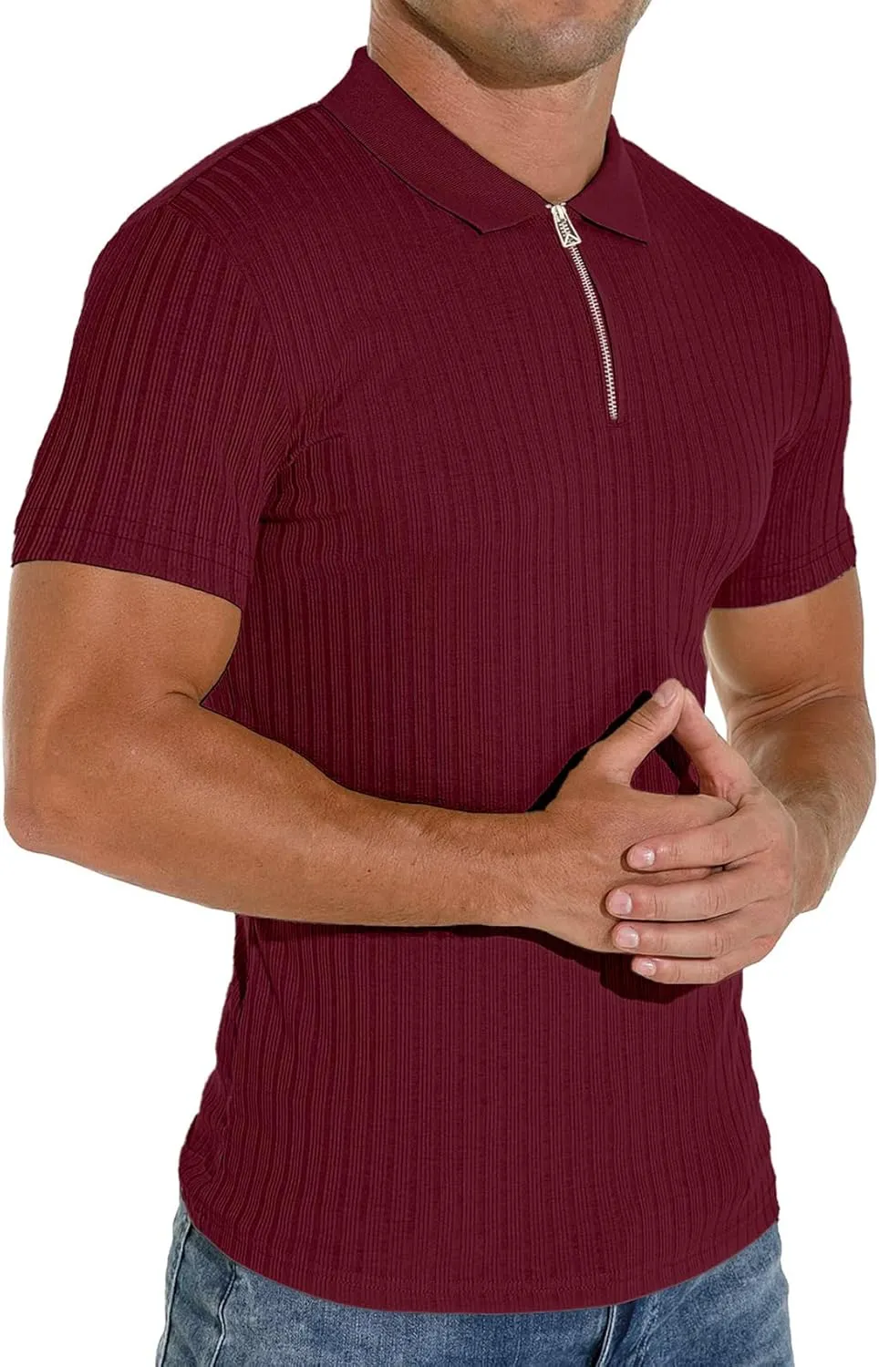 V Neck Muscle Polo Shirts for Men Short Sleeve Zipper Ribbed Golf Tees Slim Fit Stretch T Shirt