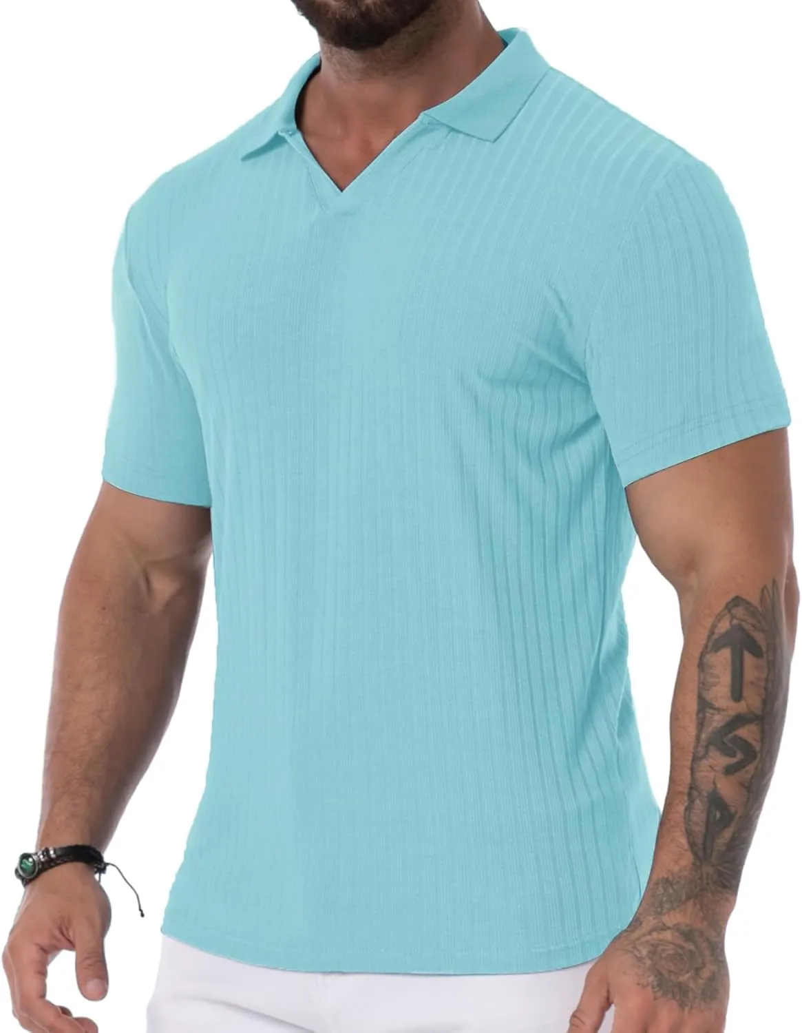 V Neck Muscle Polo Shirts for Men Short Sleeve Zipper Ribbed Golf Tees Slim Fit Stretch T Shirt