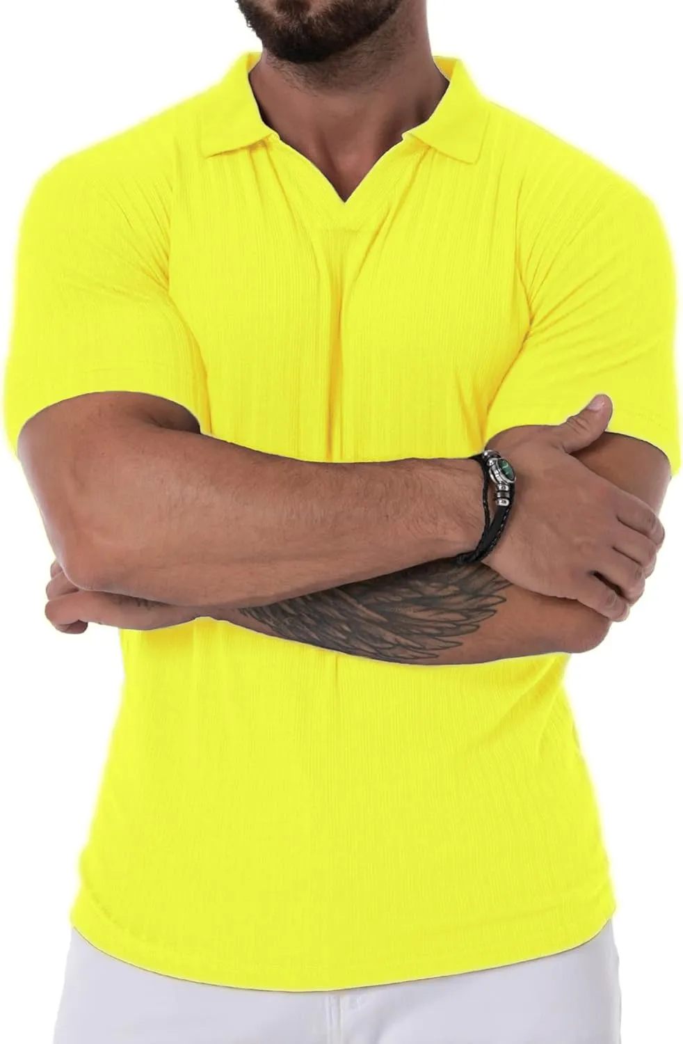 V Neck Muscle Polo Shirts for Men Short Sleeve Zipper Ribbed Golf Tees Slim Fit Stretch T Shirt