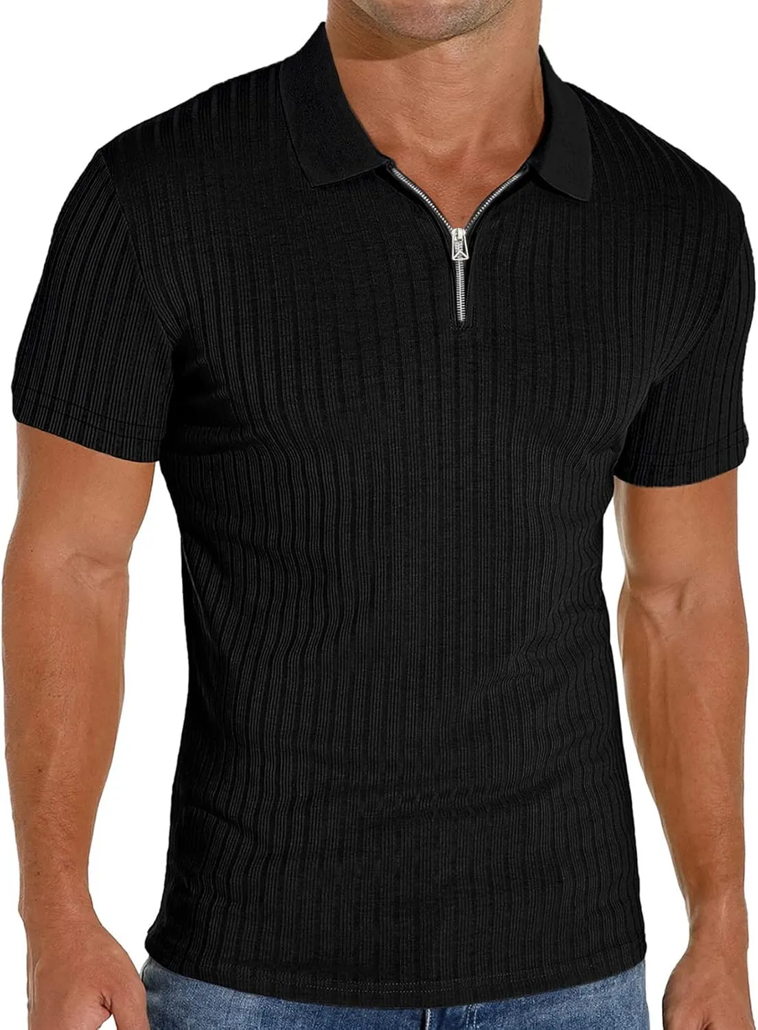 V Neck Muscle Polo Shirts for Men Short Sleeve Zipper Ribbed Golf Tees Slim Fit Stretch T Shirt