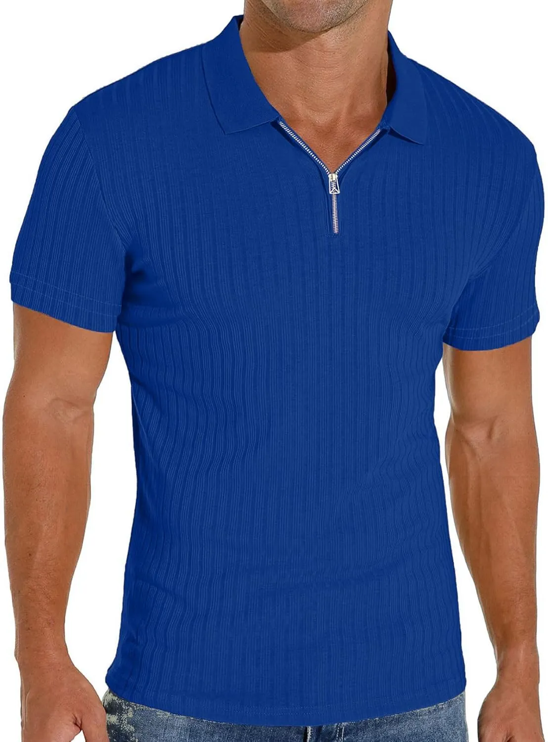 V Neck Muscle Polo Shirts for Men Short Sleeve Zipper Ribbed Golf Tees Slim Fit Stretch T Shirt