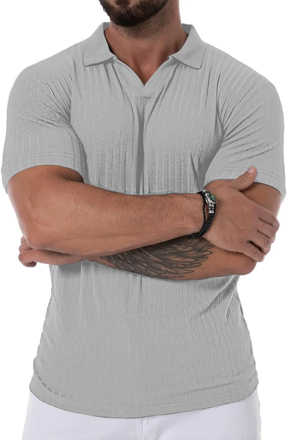 V Neck Muscle Polo Shirts for Men Short Sleeve Zipper Ribbed Golf Tees Slim Fit Stretch T Shirt