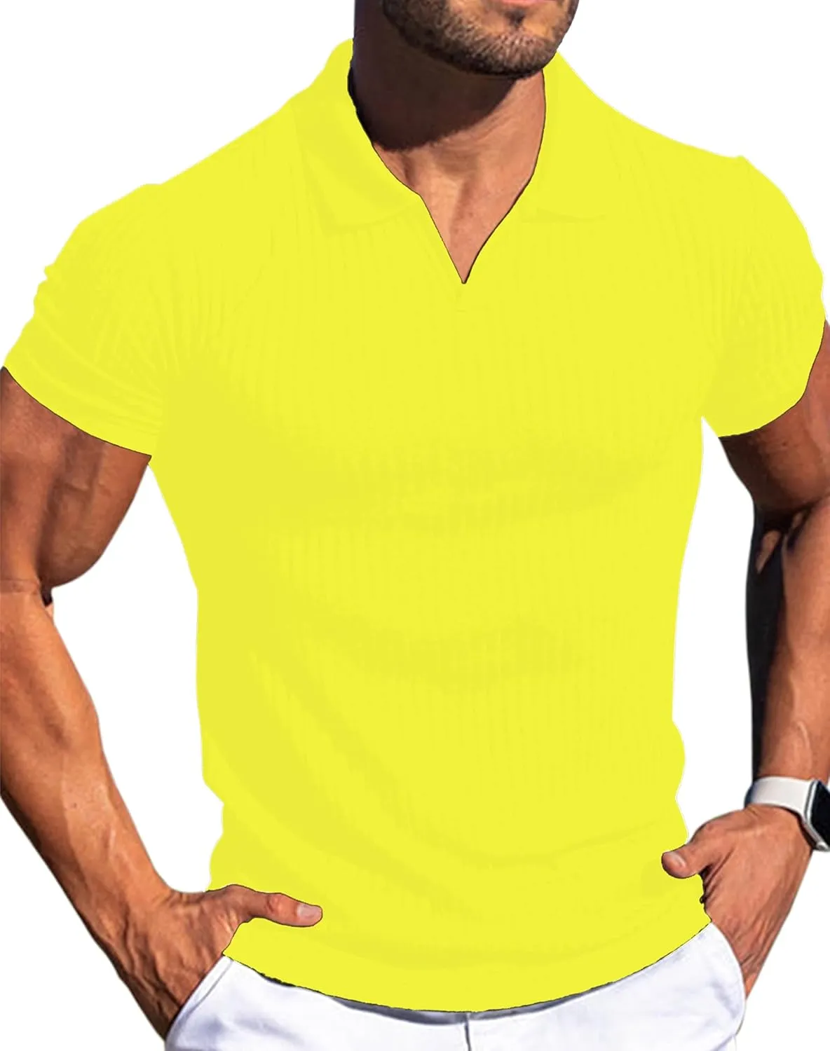 V Neck Muscle Polo Shirts for Men Short Sleeve Zipper Ribbed Golf Tees Slim Fit Stretch T Shirt