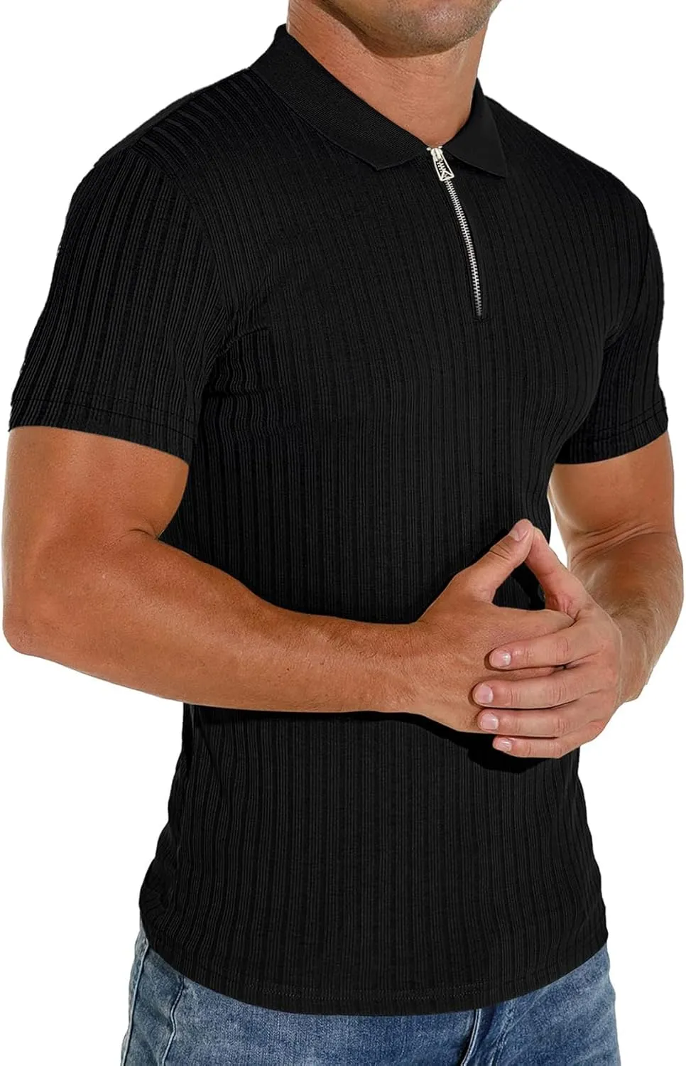 V Neck Muscle Polo Shirts for Men Short Sleeve Zipper Ribbed Golf Tees Slim Fit Stretch T Shirt