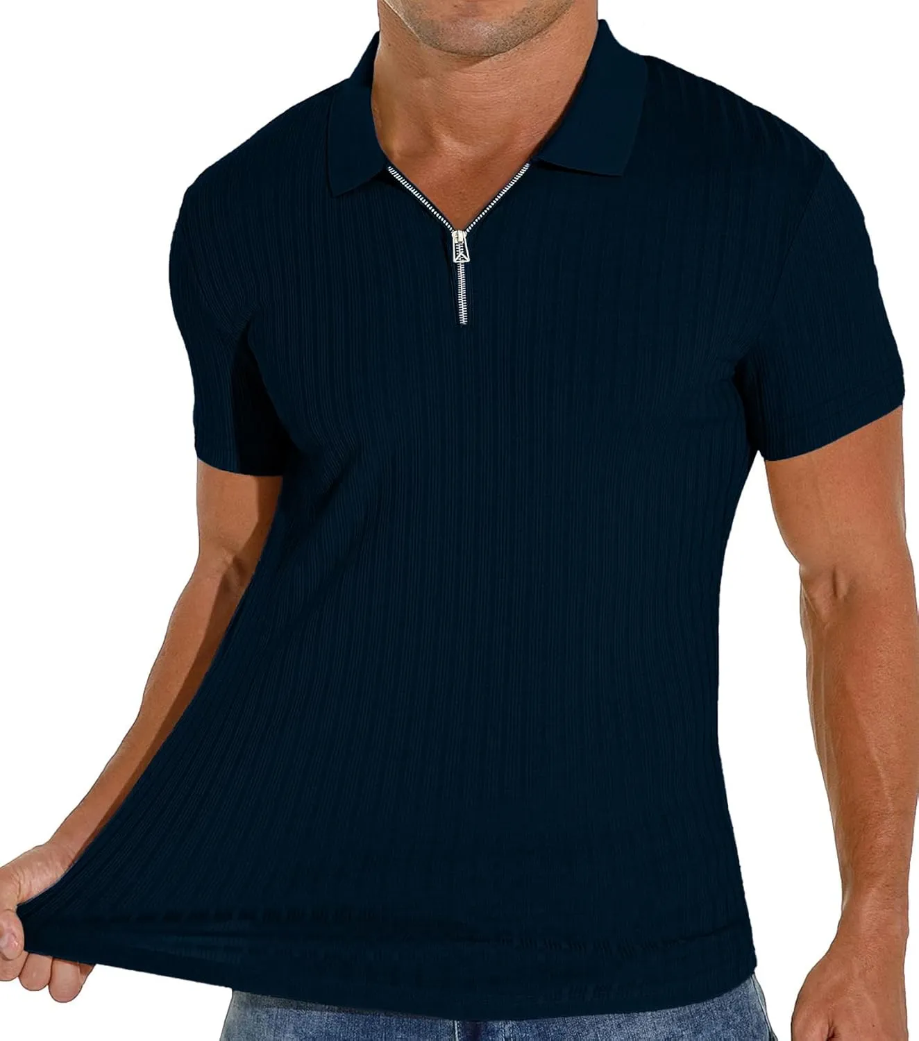 V Neck Muscle Polo Shirts for Men Short Sleeve Zipper Ribbed Golf Tees Slim Fit Stretch T Shirt
