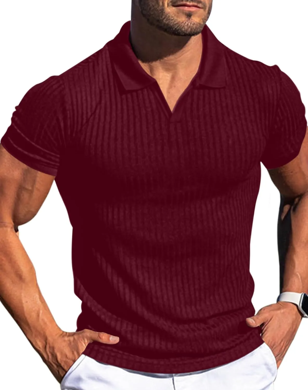 V Neck Muscle Polo Shirts for Men Short Sleeve Zipper Ribbed Golf Tees Slim Fit Stretch T Shirt