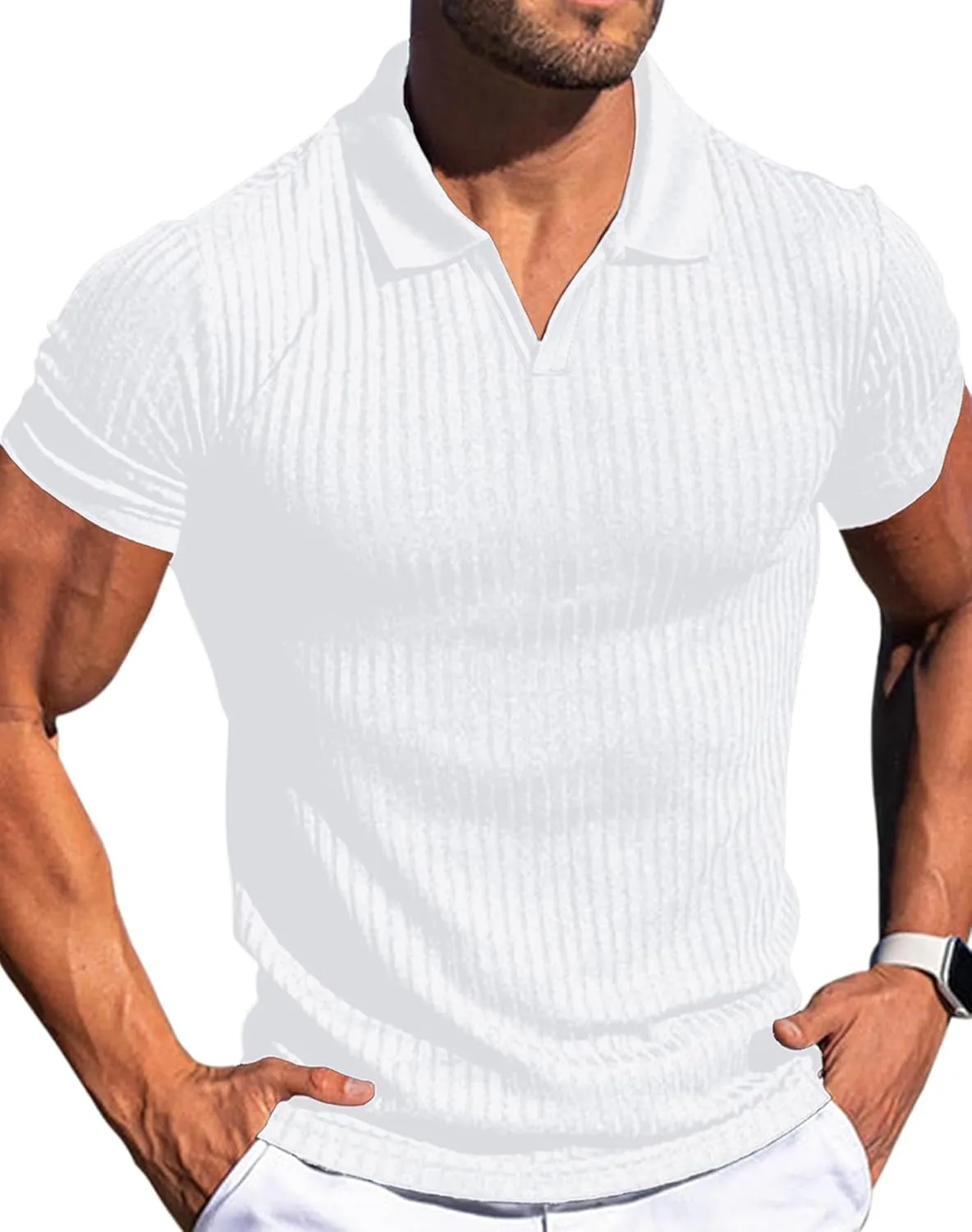V Neck Muscle Polo Shirts for Men Short Sleeve Zipper Ribbed Golf Tees Slim Fit Stretch T Shirt